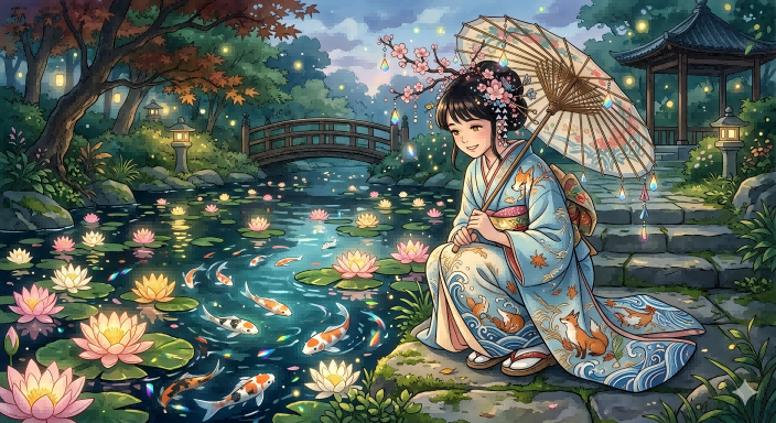 Dreamy Kimono Woman By A Koi Pond — GPT Image 2 image prompt example