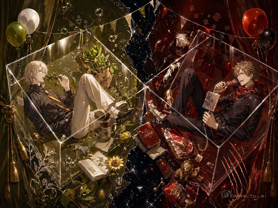 Dual Themed Anime Boys In Crystal Boxes — GPT Image 2 image prompt example