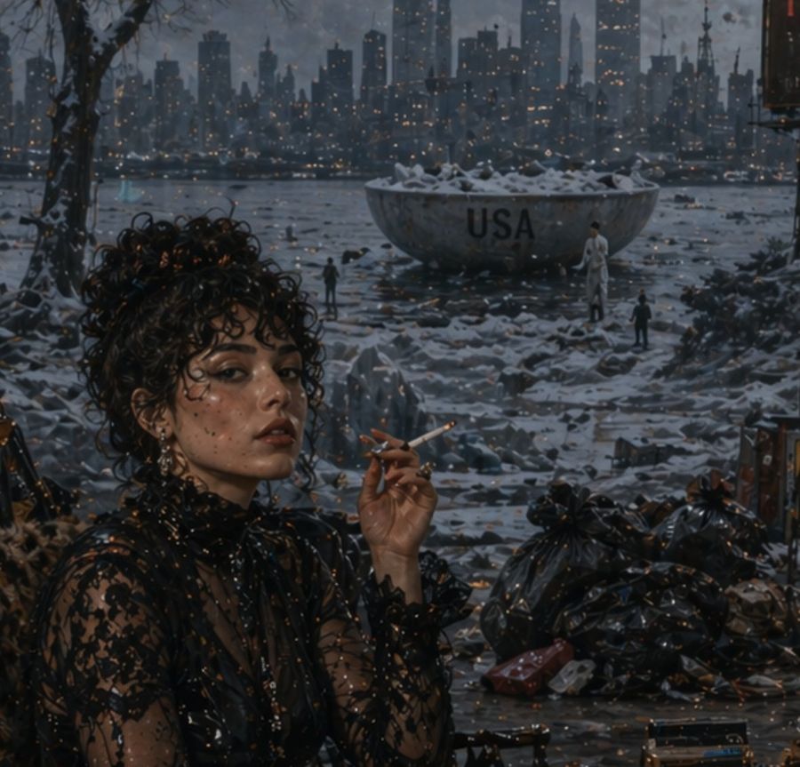 Dystopian Woman Frozen Waterfront — GPT Image 2 image prompt example