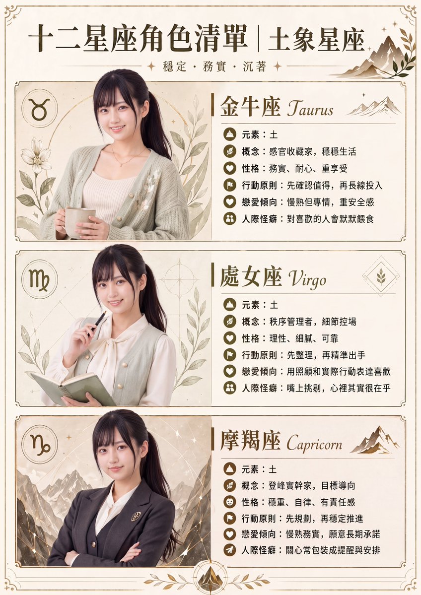 Earth Signs Zodiac Character Poster — GPT Image 2 image prompt example