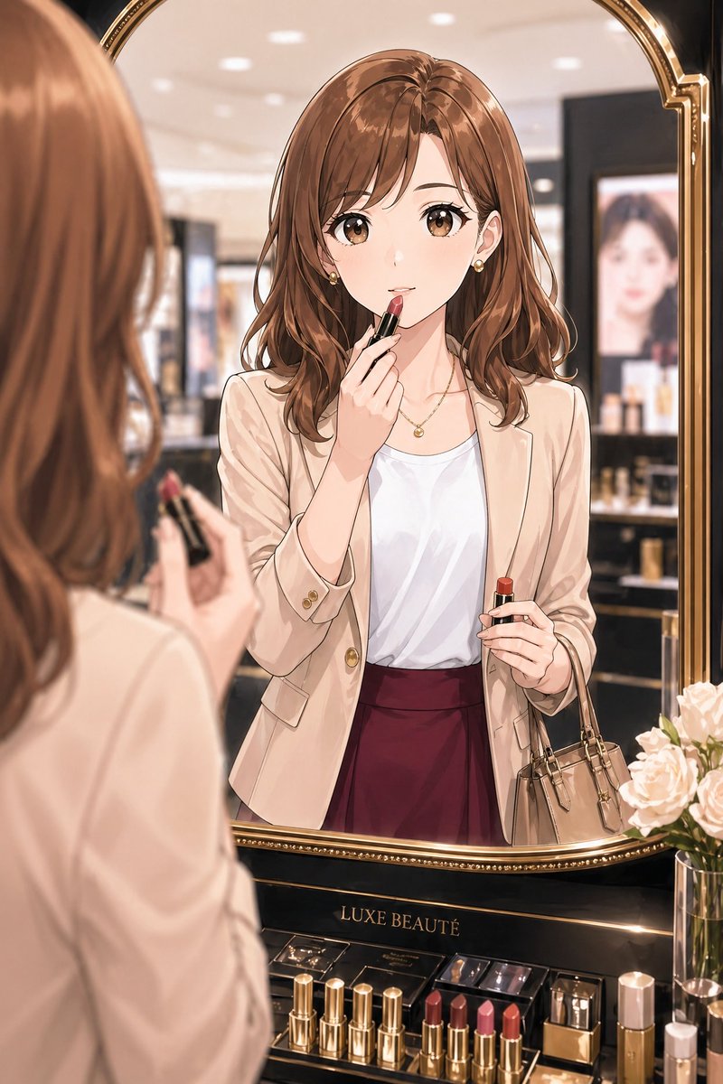 Elegant Office Lady At Beauty Counter — GPT Image 2 image prompt example
