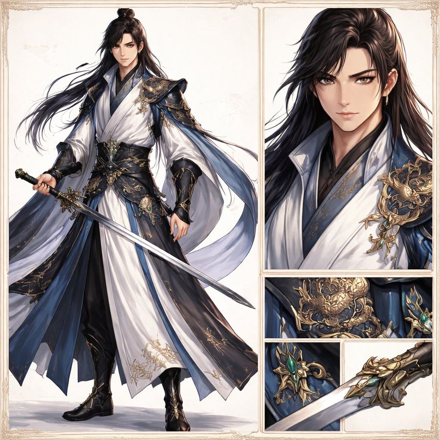 Elegant Wuxia Swordsman Design Sheet — GPT Image 2 image prompt example