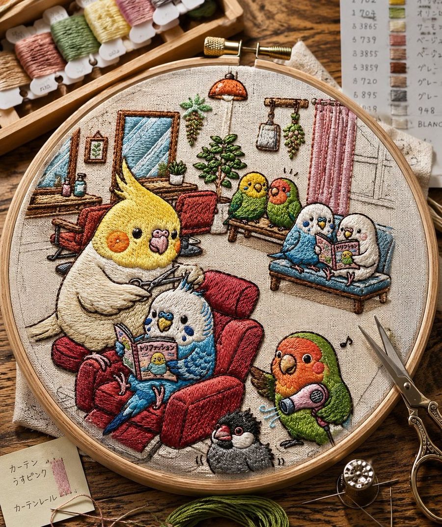 Embroidered Bird Living Room — GPT Image 2 image prompt example