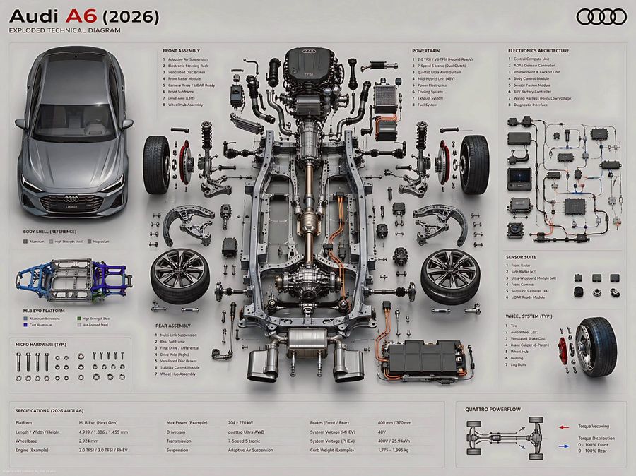 Exploded Audi Technical Diagram Poster — GPT Image 2 image prompt example