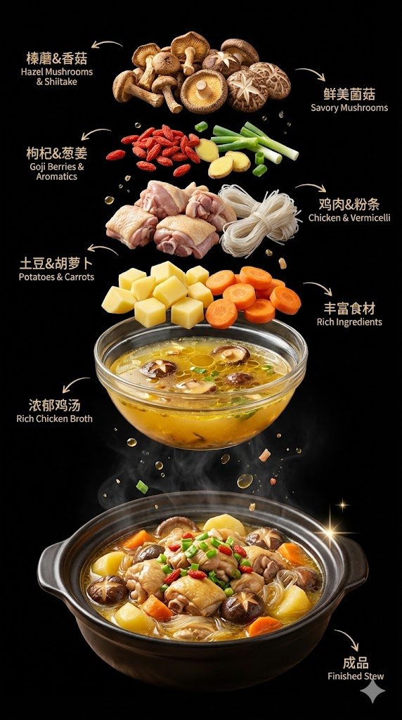 Exploded Chicken Mushroom Stew Ad — GPT Image 2 image prompt example