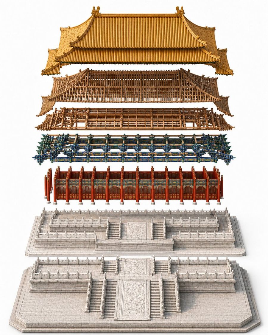 Exploded Imperial Palace Hall Diagram — GPT Image 2 image prompt example