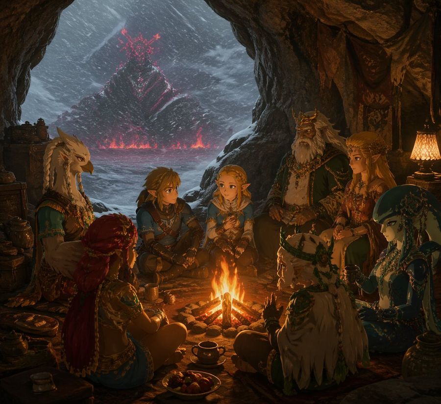Fantasy Campfire Before A Crimson Mountain — GPT Image 2 image prompt example
