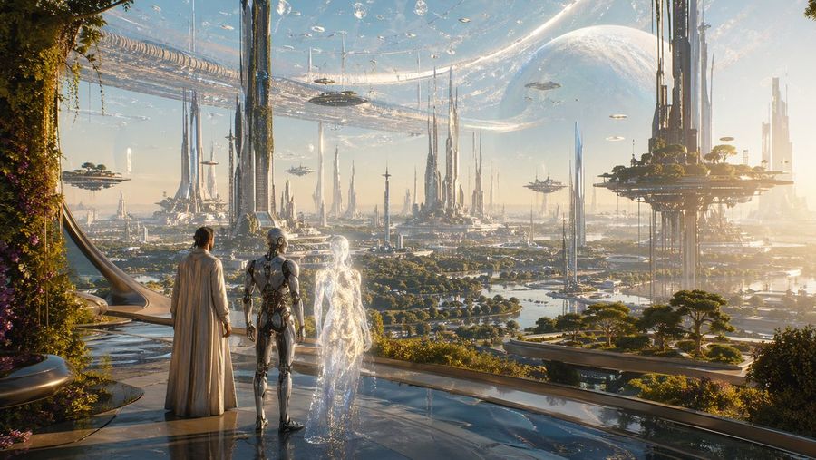 Far Future City With Transparent Humanoid — GPT Image 2 image prompt example