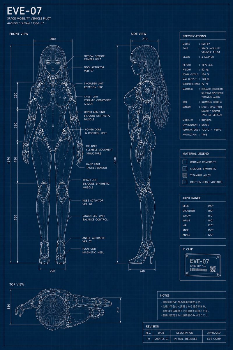 Female Android Blueprint Sheet — GPT Image 2 image prompt example