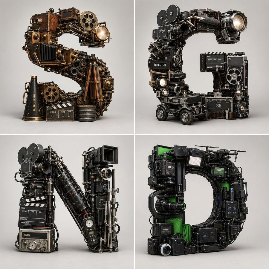 Filmmaking Eras Typographic Grid — GPT Image 2 image prompt example
