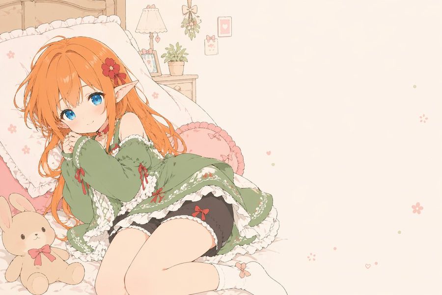 Flat Color Elf Girl On Frilly Bed — GPT Image 2 image prompt example