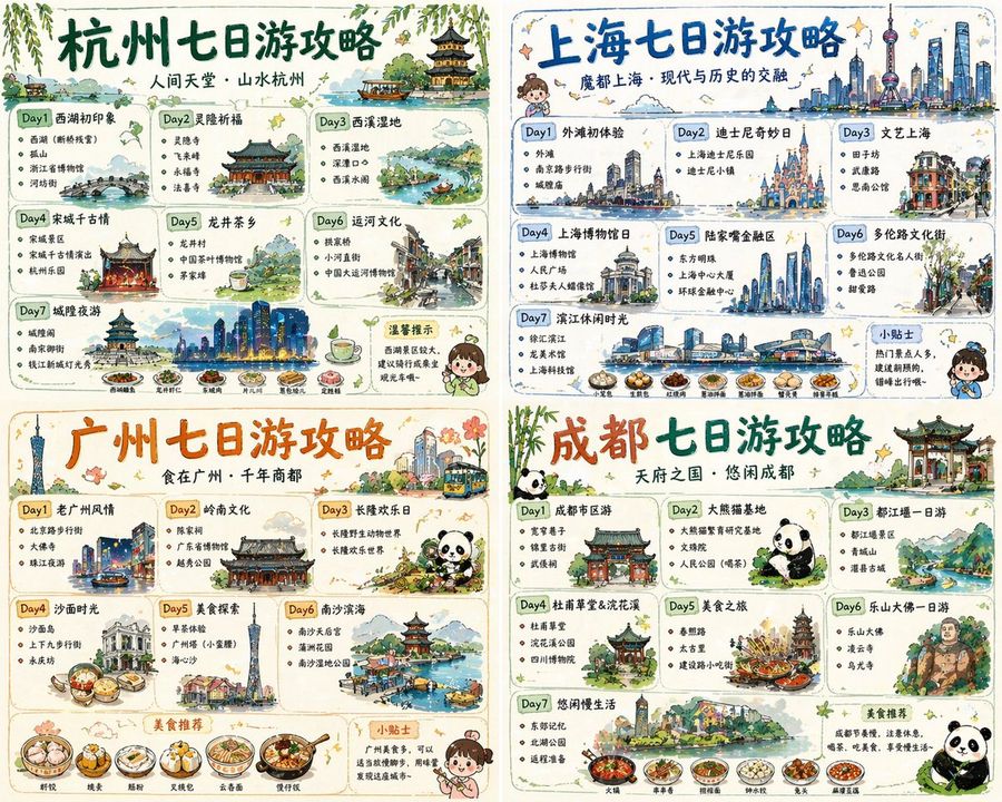 Four City Chinese Travel Guide Poster Set — GPT Image 2 image prompt example