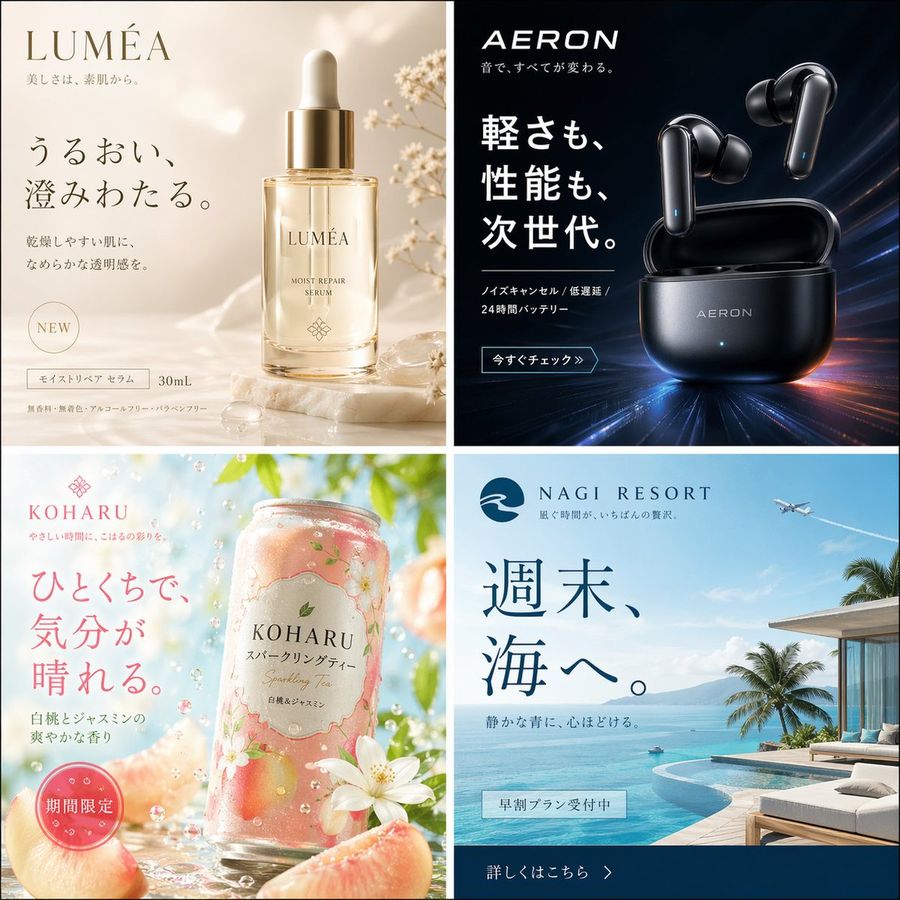 Four Japanese Ad Visuals Collage — GPT Image 2 image prompt example