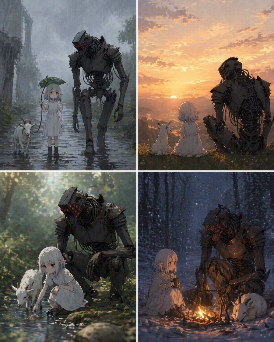 Four Panel Girl Robot And Goat Story — GPT Image 2 image prompt example