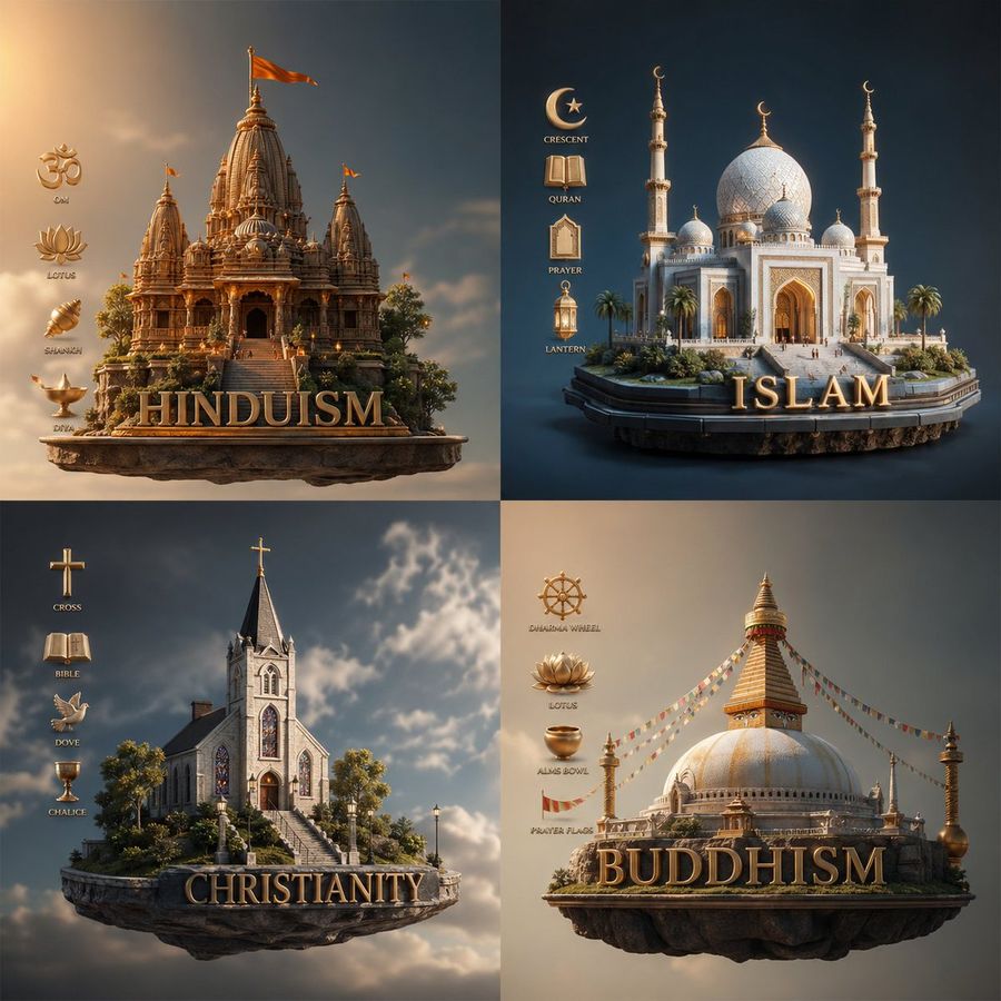 Four Religions Diorama Infographic — GPT Image 2 image prompt example