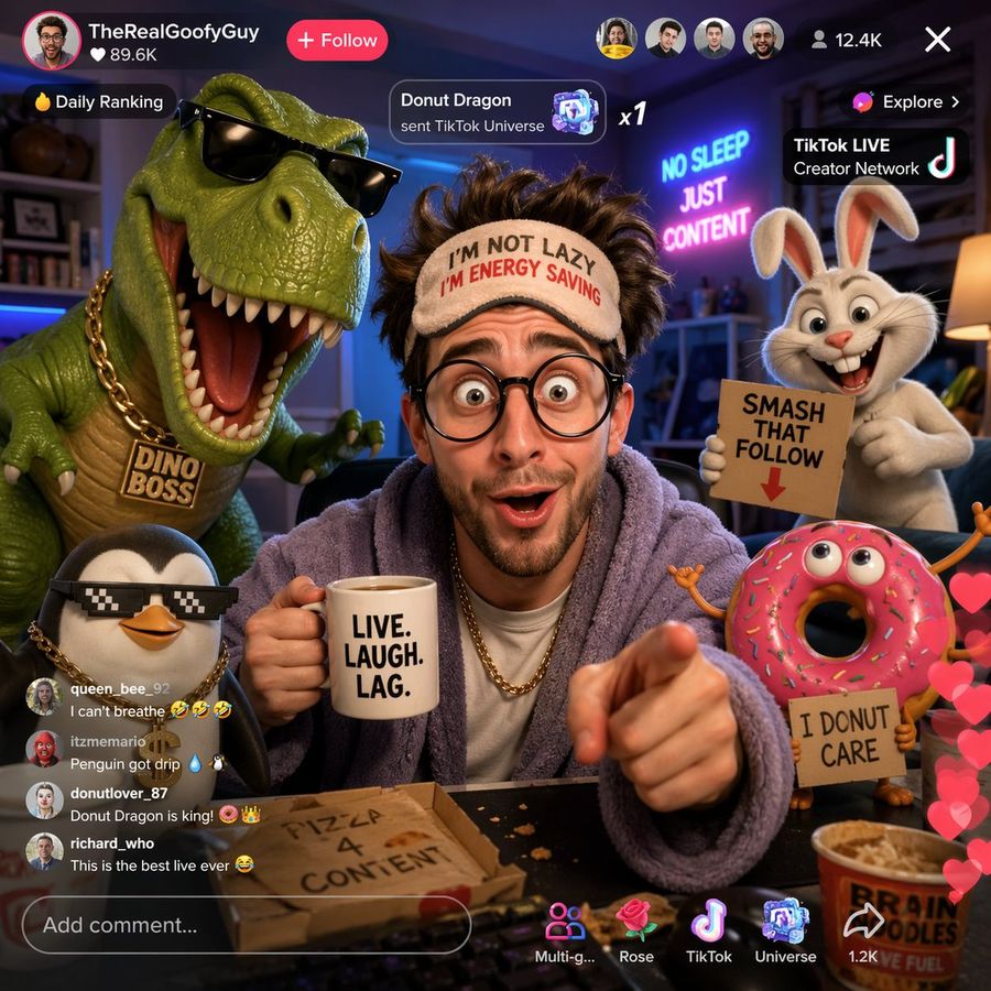 Funny Tiktok Livestream With Cartoon Characters — GPT Image 2 image prompt example