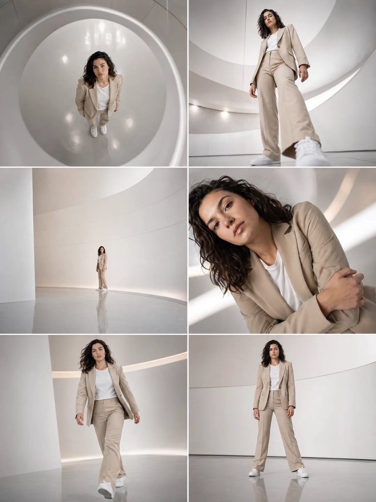 Futuristic Beige Suit Editorial Collage — GPT Image 2 image prompt example