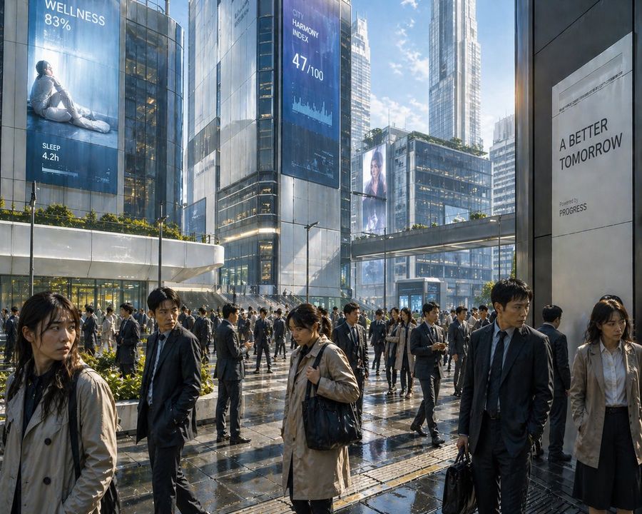 Futuristic Corporate Plaza With Data Billboards — GPT Image 2 image prompt example