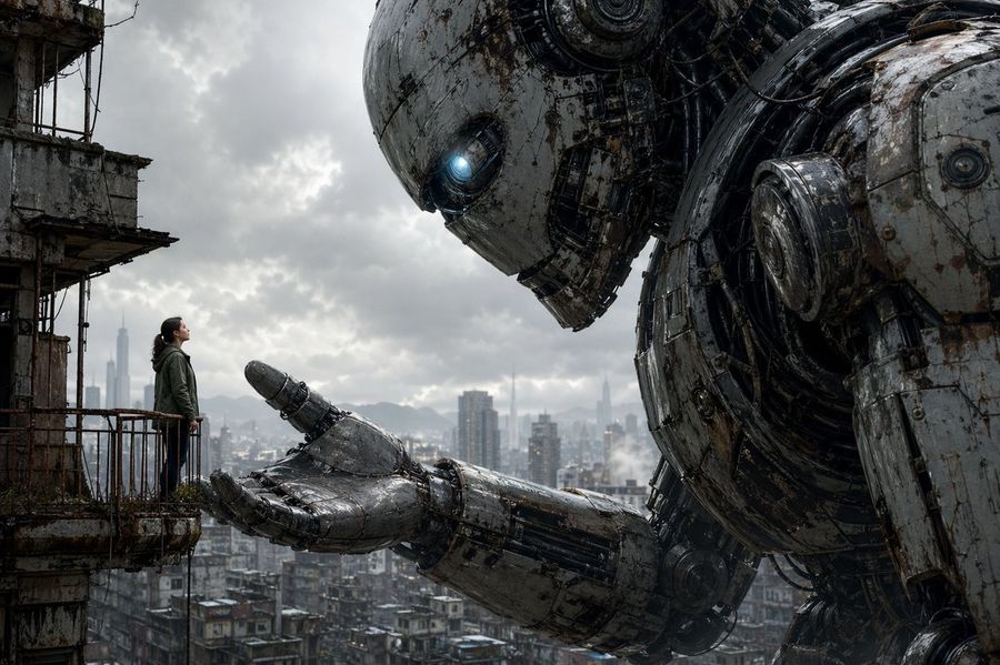 Giant Robot Meets Woman On Balcony — GPT Image 2 image prompt example
