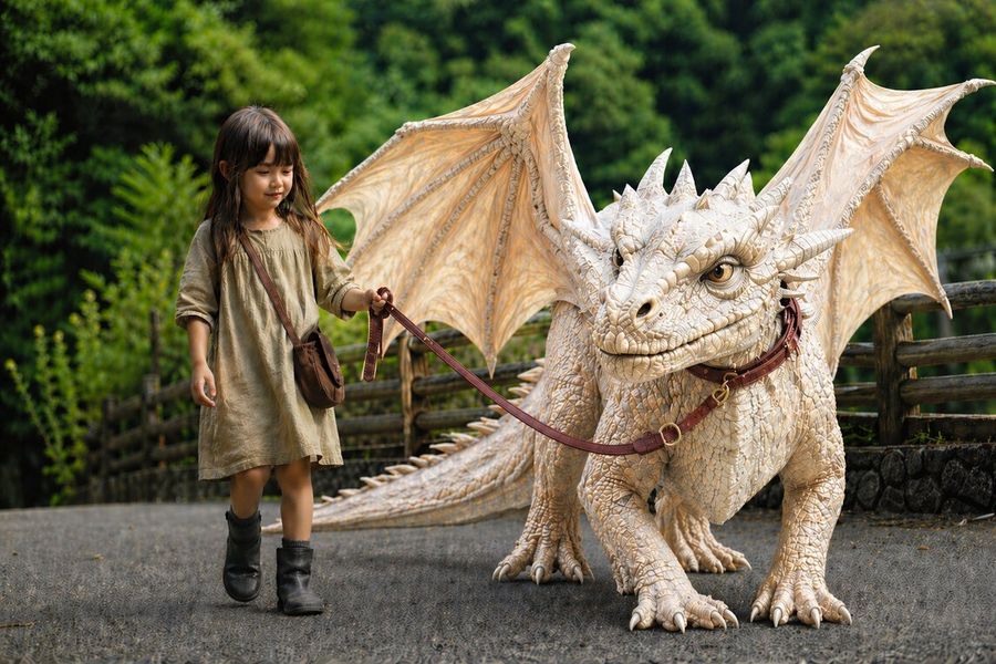 Girl Walking Giant Cream Dragon — GPT Image 2 image prompt example