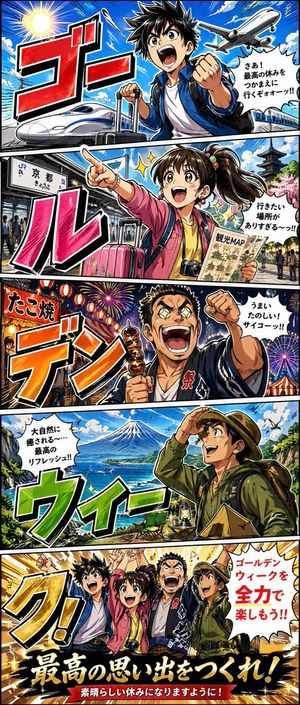 Golden Week Manga Travel Poster — GPT Image 2 image prompt example