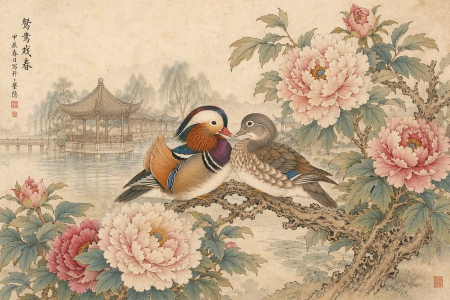 Gongbi Mandarin Ducks Peonies — GPT Image 2 image prompt example