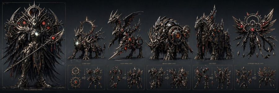 Gothic Combining Mecha Concept Sheet — GPT Image 2 image prompt example