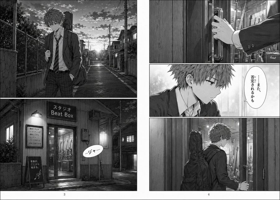 Grayscale Manga Boy Enters Music Studio — GPT Image 2 image prompt example