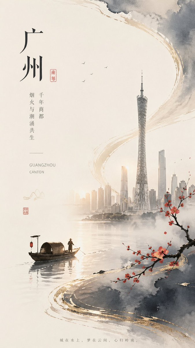 Guangzhou Ink Wash Poster — GPT Image 2 image prompt example