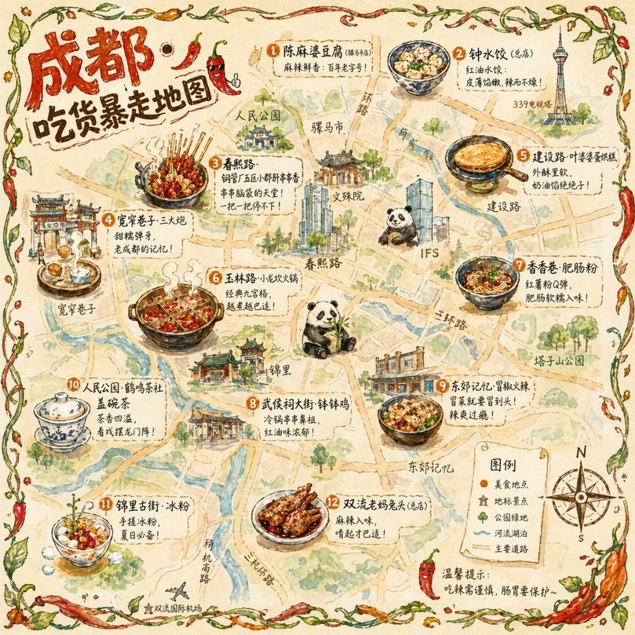 Hand Drawn Chengdu Food Map — GPT Image 2 image prompt example