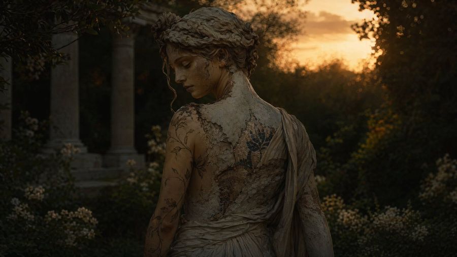 Haunting Statue Woman Sunset — GPT Image 2 image prompt example