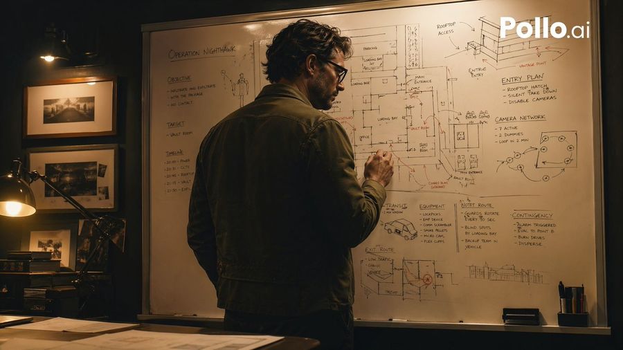 Heist Planning Whiteboard Strategist — GPT Image 2 image prompt example