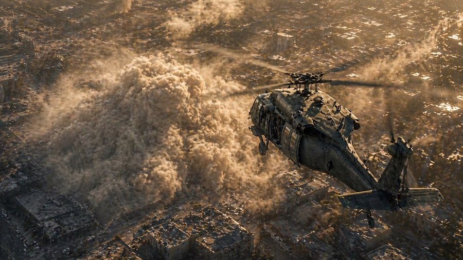 Helicopter Over Urban Dust Cloud — GPT Image 2 image prompt example
