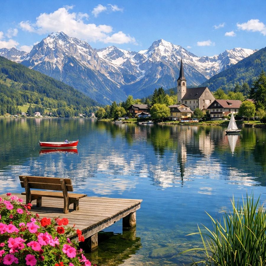 Idyllic Alpine Lake Village Landscape — GPT Image 2 image prompt example