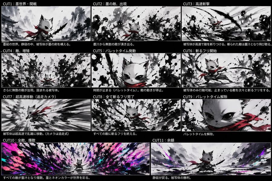 Ink Neon Cat Samurai Storyboard — GPT Image 2 image prompt example