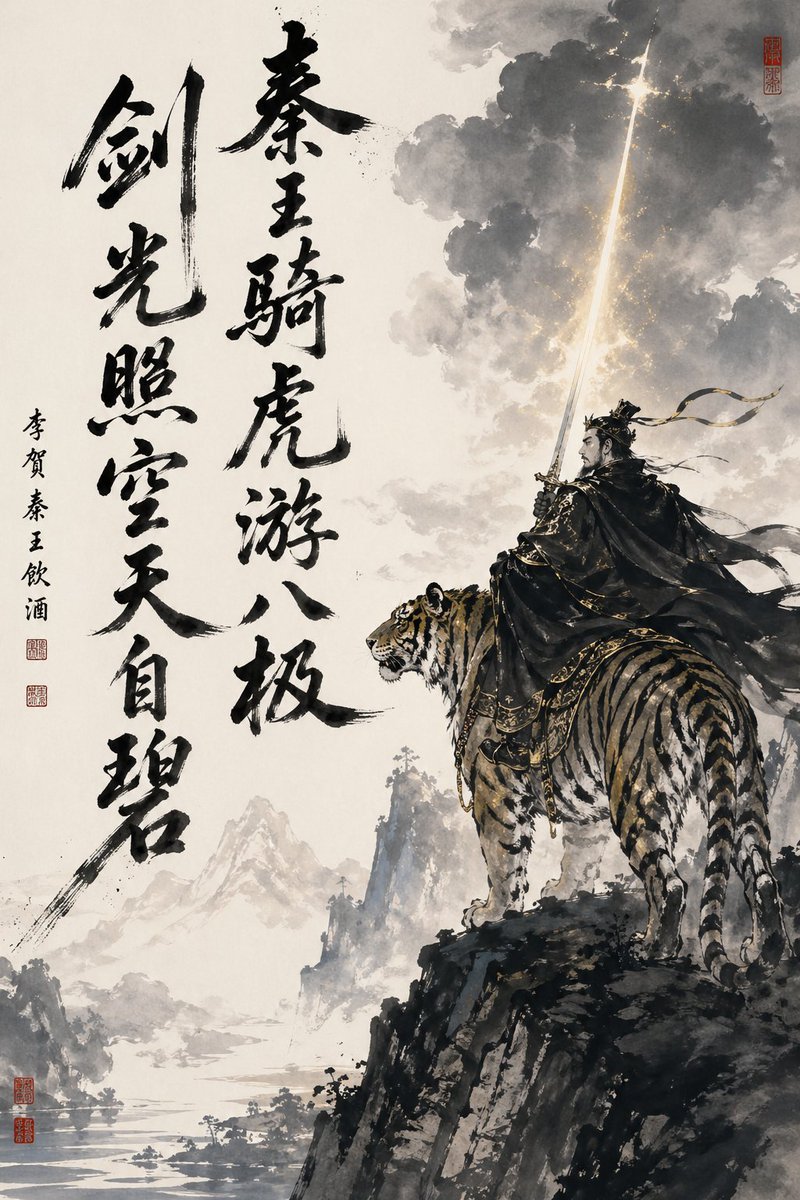 Ink Wash Warrior Riding A Tiger — GPT Image 2 image prompt example