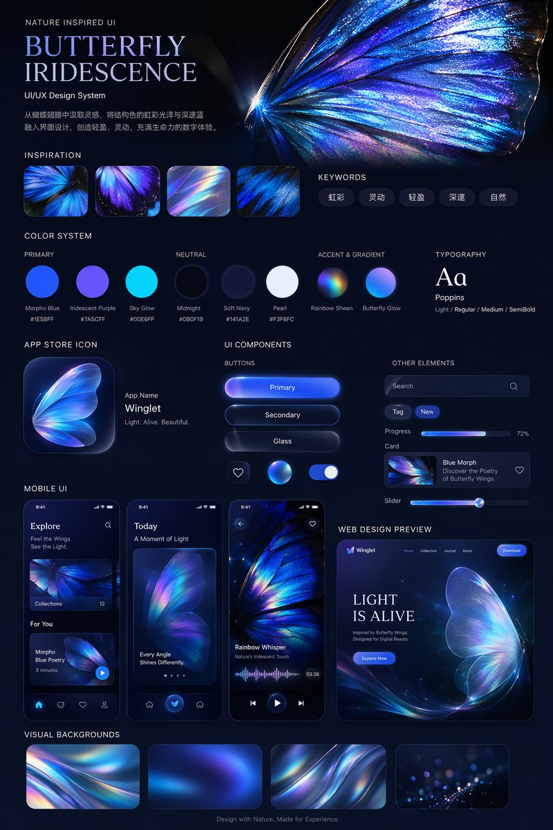Iridescent Butterfly Uiux Design System — GPT Image 2 image prompt example