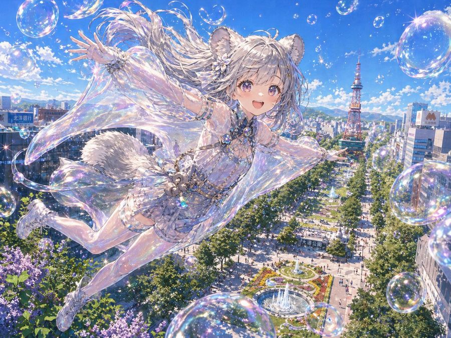 Iridescent Squirrel Girl Above Sapporo — GPT Image 2 image prompt example