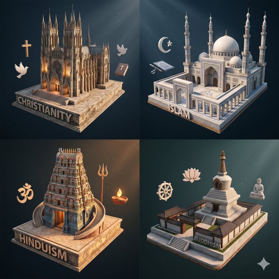 Isometric Religion Architecture Grid — GPT Image 2 image prompt example