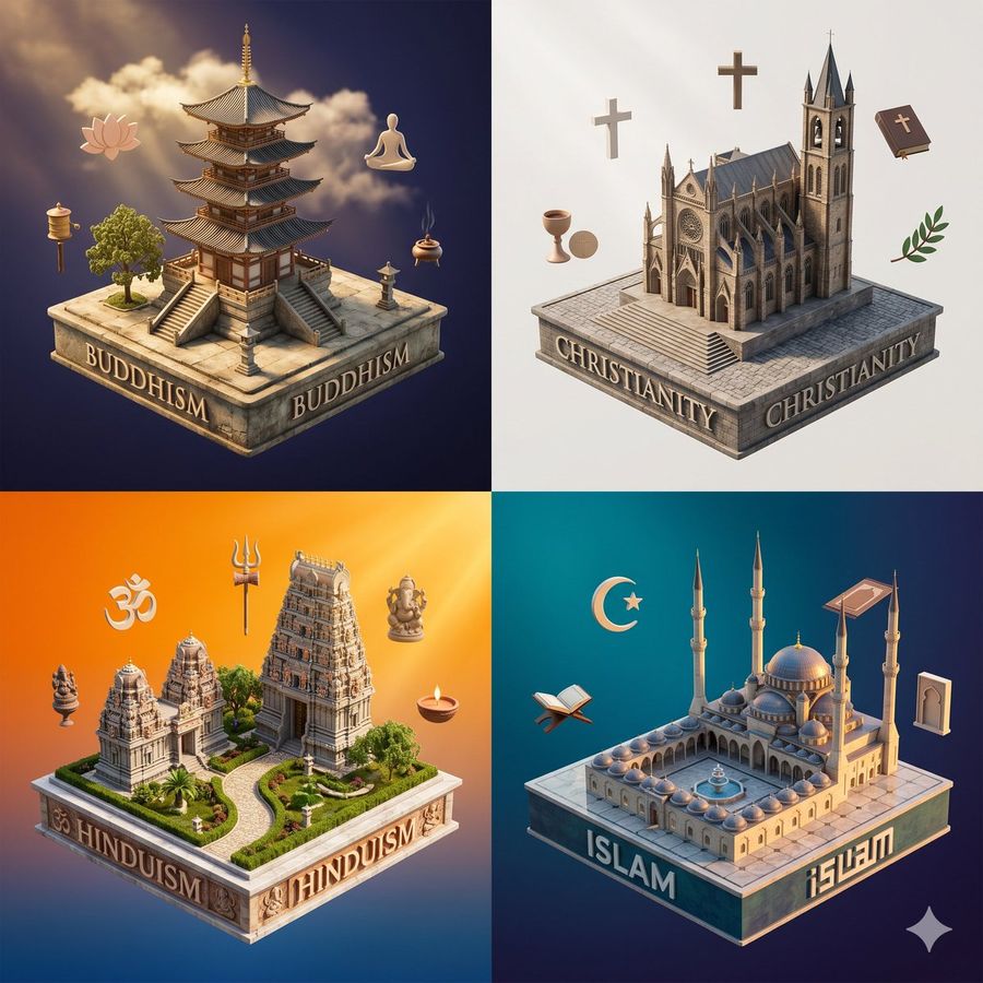 Isometric Religion Diorama Grid — GPT Image 2 image prompt example