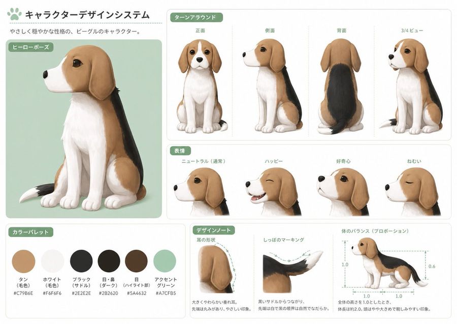 Japanese Beagle Character Design Sheet — GPT Image 2 image prompt example