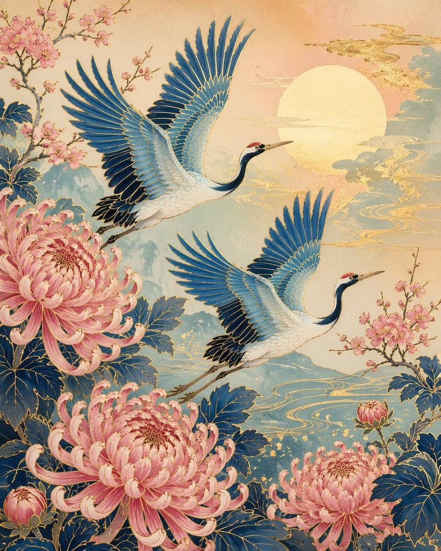 Japanese Crane And Chrysanthemum Art — GPT Image 2 image prompt example