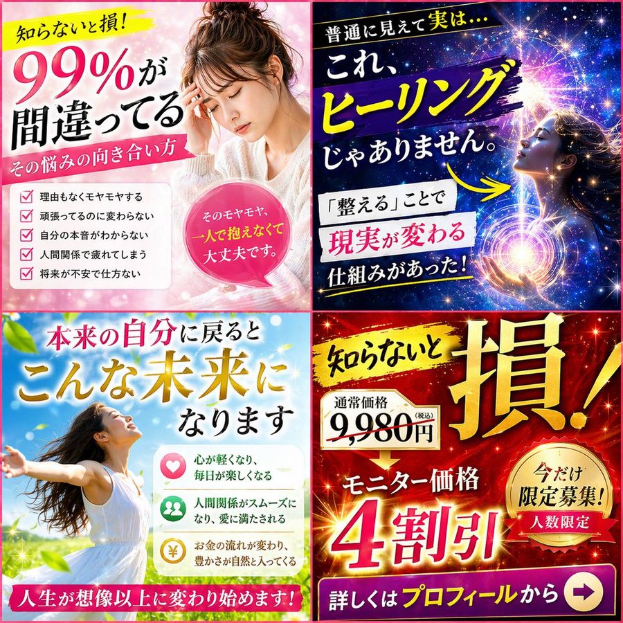Japanese Four Panel Healing Ad Collage — GPT Image 2 image prompt example
