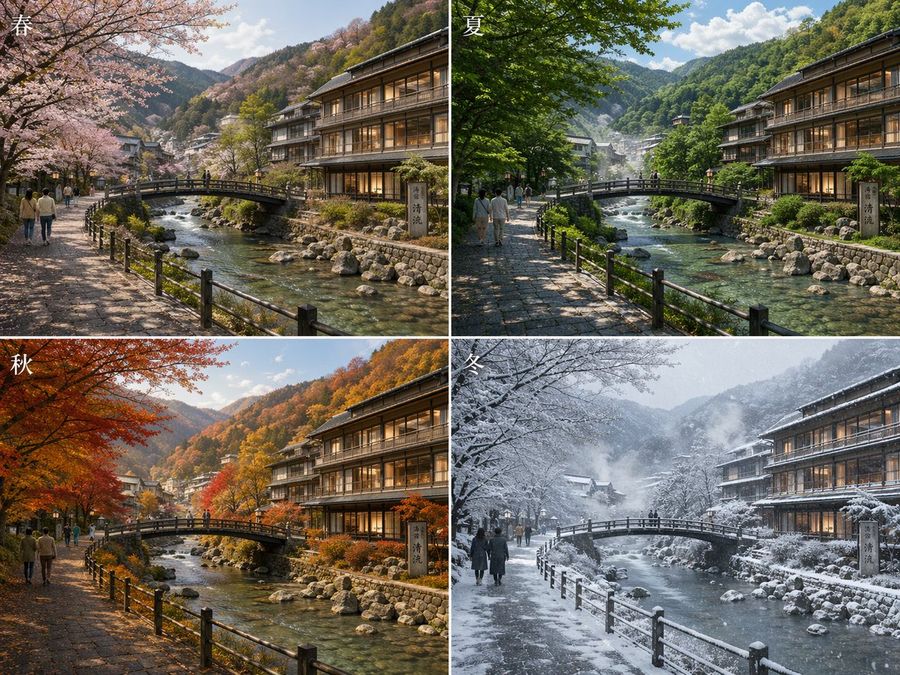 Japanese Onsen Town In Four Seasons — GPT Image 2 image prompt example