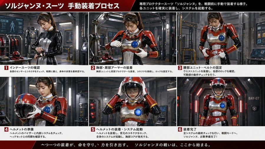 Japanese Sci Fi Suit Up Process Board — GPT Image 2 image prompt example
