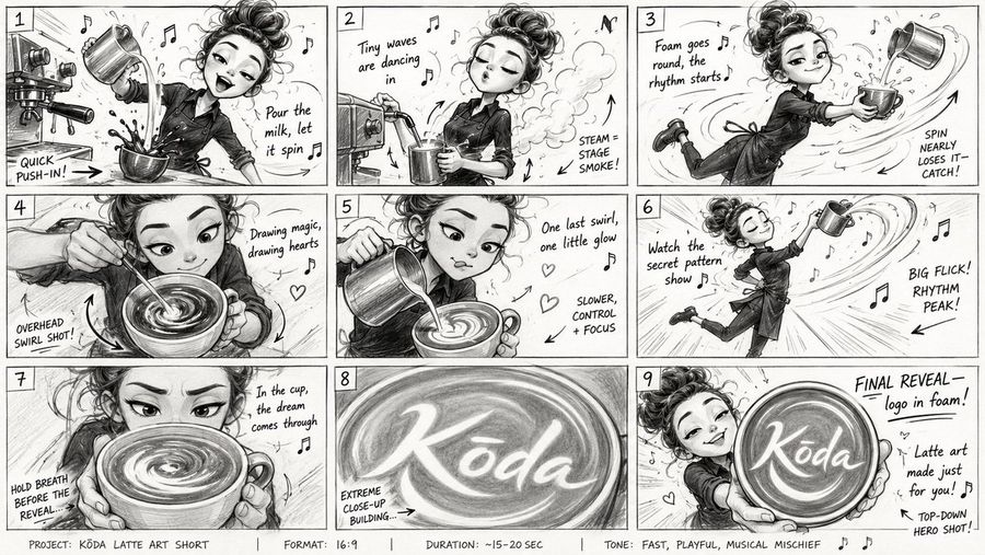 Latte Art Musical Storyboard — GPT Image 2 image prompt example