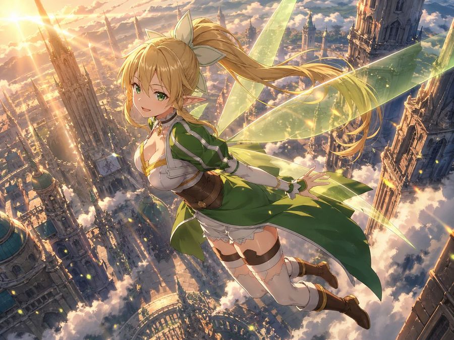 Leafa Flying Above A Golden Sky City — GPT Image 2 image prompt example