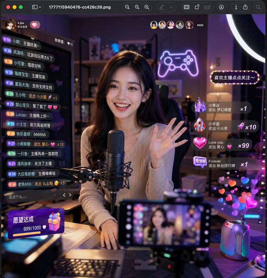 Lively Live Streaming Scene — GPT Image 2 image prompt example