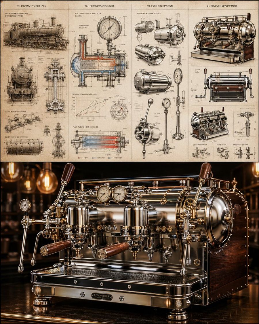 Locomotive Inspired Espresso Machine Design — GPT Image 2 image prompt example