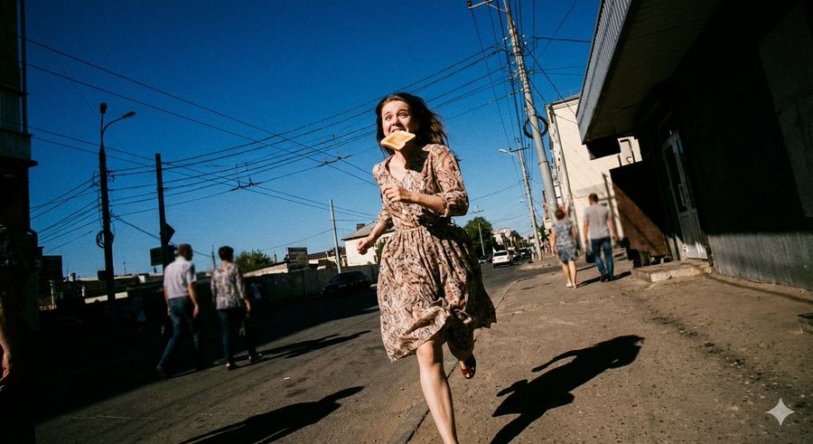 Low Angle Running Woman Street — GPT Image 2 image prompt example